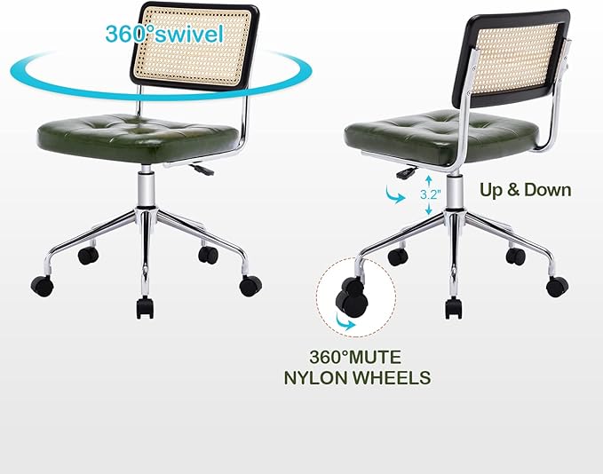 Zesthouse Mid Century Home Office Chair, Armless Desk Chair with Rattan Back, Adjustable Height Task Chair Vanity Chair for Girls Women, Upholstered Swivel Chair, Green Faux Leather