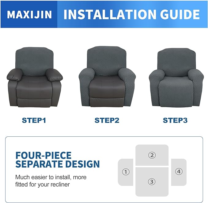 MAXIJIN Recliner Cover Slipcovers for Living Room 4 Pieces Stretch Jacquard Recliner Chair Cover Soft Fitted Recliner Protector with Elastic Bottom for Kids, Pets (Recliner, Dark Gray)