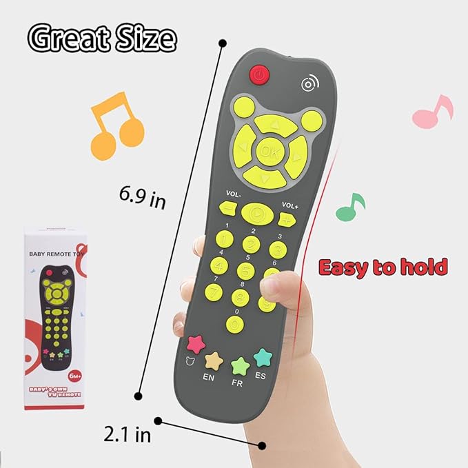 Baby Remote Toy, Toddlers TV Remote Control Toy Kids Realistic Play Remote Early Educational Baby Musical Toys with Light and Sound English French Spanish for Proshool Boys Girls 6 Month+, Gray