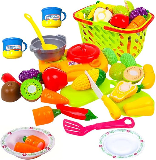 FUNERICA Durable Cuttable Play Food Grocery Shopping Basket, Kids Play Fruits and Vegetables Sets with Mini Cooking Top, Pot, Dishes, and Utensils Kids Kitchen Toys