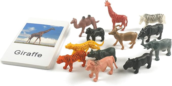 MEROCO Montessori Zoo Safari Animal Match - Miniature Figurines with 2 Part Matching Cards Montessori Language Materials Preschool Learning Toy NEWTT004