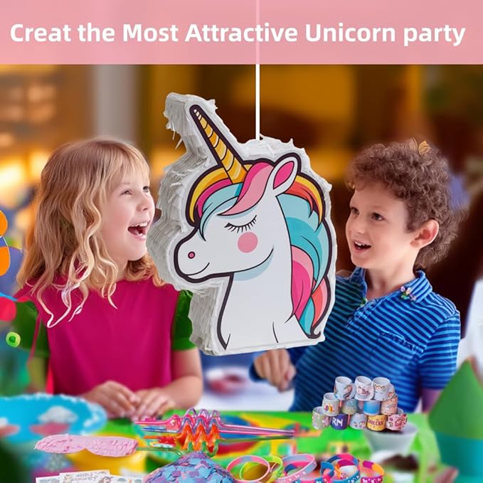 Unicorn Pinata Unicorn Party Favors for Girl Birthday Party Unicorn Party Supplies with Unicorn Pinata Headbands Stickers Slap Bracelets Keychains Silicone Bands and Straws (White)