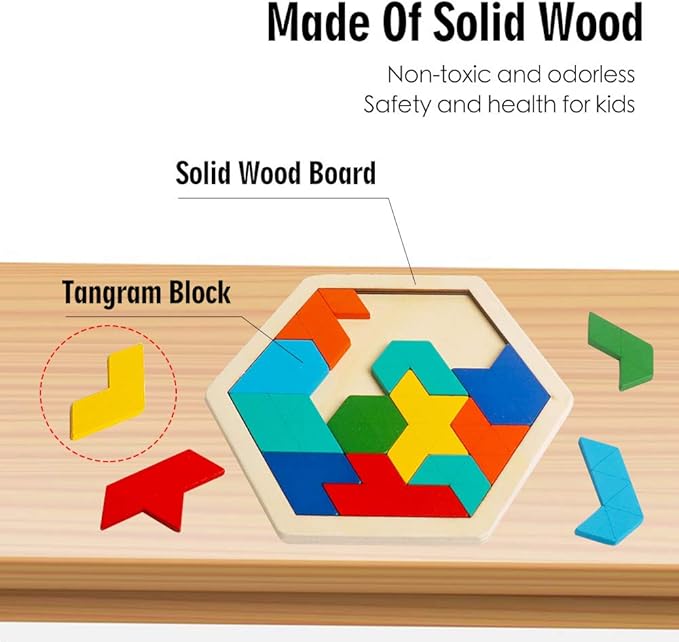Skrtuan Wooden Hexagon Puzzle for Kid Adults Brain Teaser Blocks Puzzles Games Toy Shape Pattern Block Tangram Geometry Logic IQ STEM Montessori Educational Gift for All Ages Children Boys Girls