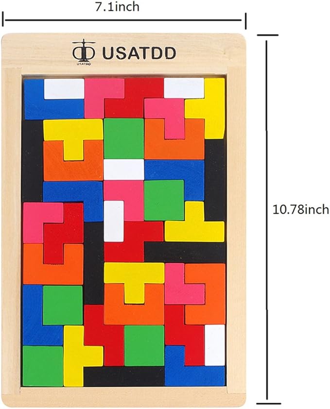 USATDD Wooden Puzzles Blocks Brain Teasers Toy Russian Tangram Colorful Jigsaw Game Montessori Intelligence STEM Preschool Educational Gift for Baby Toddlers Kids 3 4 5 6 7 Years Old Boys Girls 40Pcs