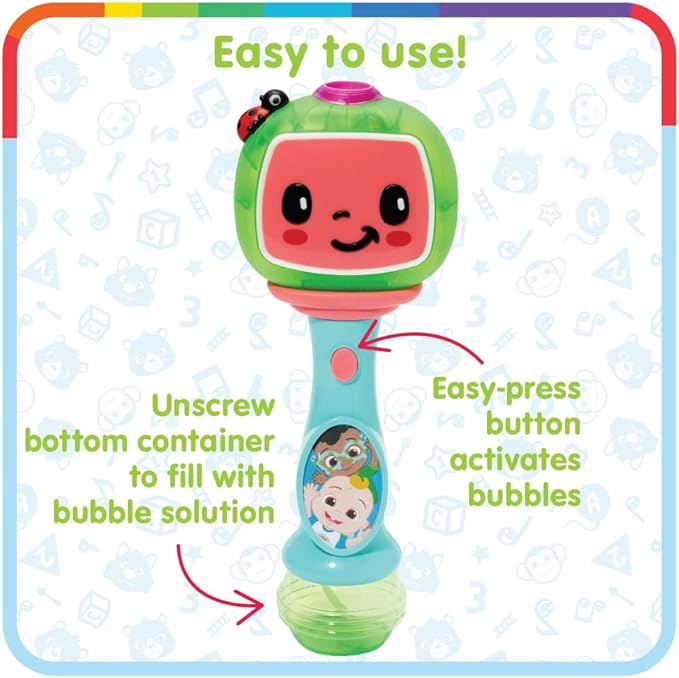 Little Kids Cocomelon Light and Sound Musical Bubble Wand, Includes Bubble Solution