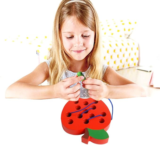 Lacing Toys for Toddlers - Wooden Lacing Apple Threading Toy, Shape Puzzle Fun Travel Game for Montessori Early Learning of Fine Motor Skills Lacing Toy, Educational Gift for Boys and Girls Ages 3-5