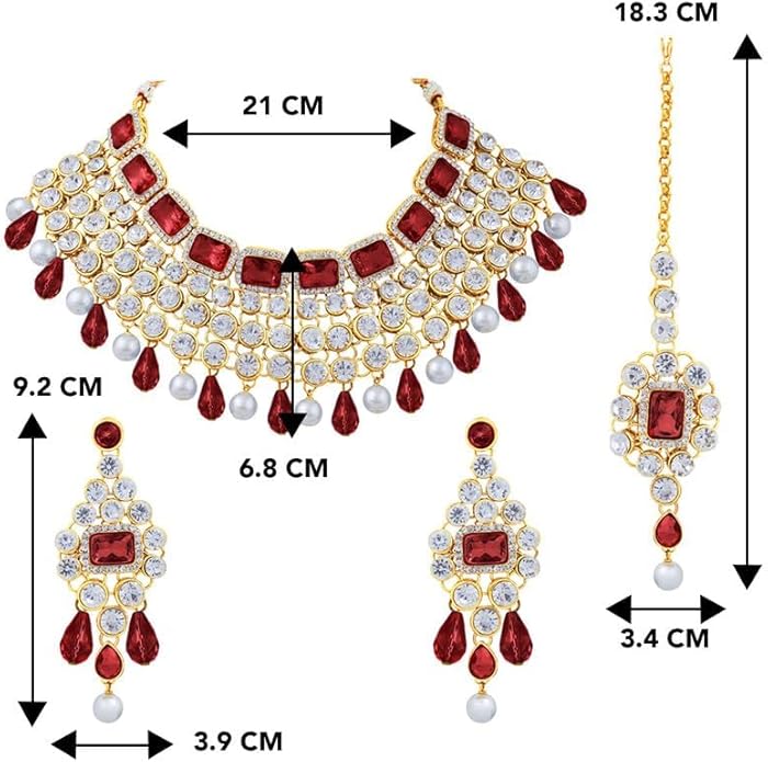 Aheli Kundan and Simulated Colored Stones Indian Ethnic Maang Tikka Necklace and Earrings Set Bollywood Festive Statement Jewelry Gift for Women