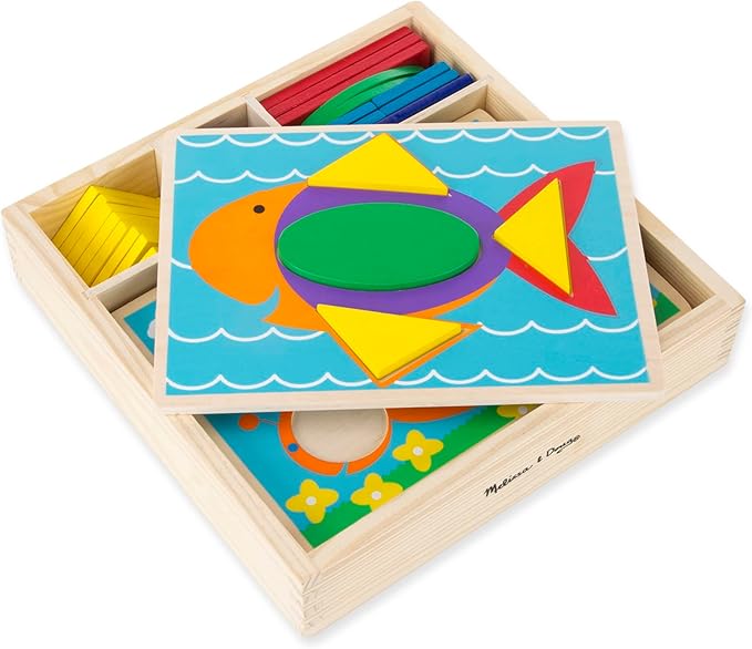 Melissa & Doug Beginner Wooden Pattern Blocks Educational Toy, 5 Double-Sided Scenes and 30 Shapes, 10.65” H x 10.65” W x 2.3” L (Beginning Skills and Activities)