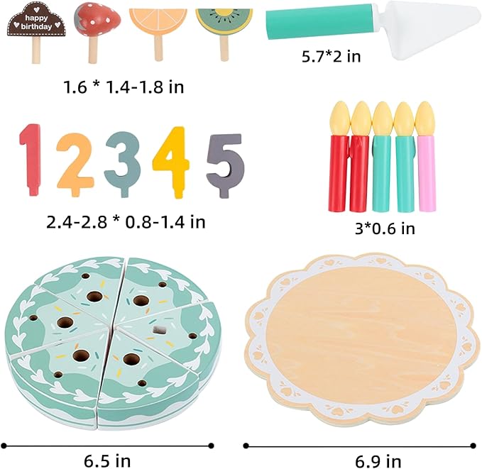 Wooden Birthday Cake Play Food Set Toys, Pretend Play Kids Tea Party Set for Little Girls Toddlers, Montessori Wooden Play Kitchen Accessories Sets for Kids (Birthday Cake)