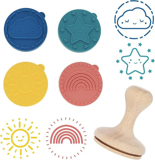 Happy Skies Rubber Stamp with Wood Handle, 4 Interchangeable Silicon Stamps of a Sun, Cloud, Star, and Rainbow, Fun Kids Craft Supplies and Art Supplies, Arts and Crafts for Kids 4-6 and Families