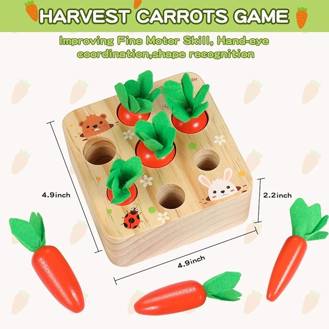 YOFUN Montessori Toys for Toddler - Carrot Harvest Wooden Matching Puzzle, Shape & Size Sorting Games for Developing Fine Motor Skill, Educational Gift for Baby Boys Girls, Made of Natural Pine Wood