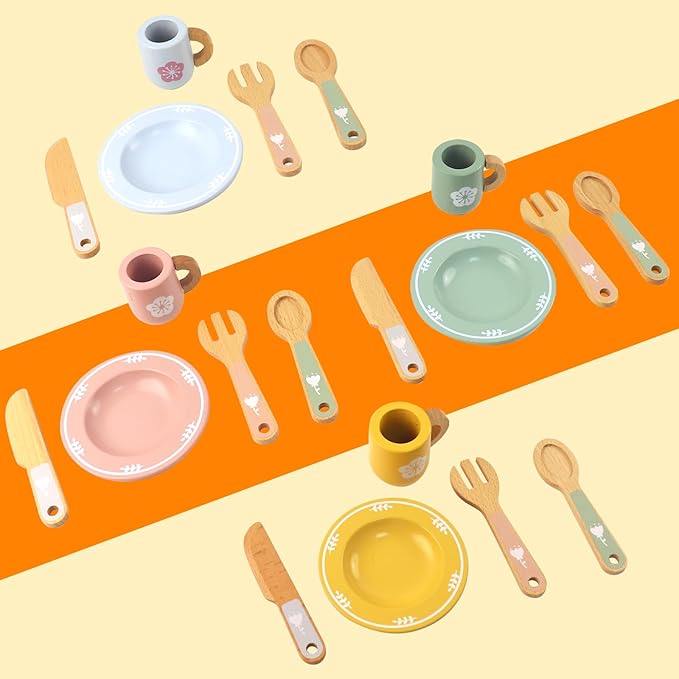 Play Dishes for Kids Kitchen, Wooden Play Kitchen Accessories, Play Plates and Cups for Kids Kitchen , Play Kitchen Dishes for Toddlers Boys and Girls 3 4 5 6