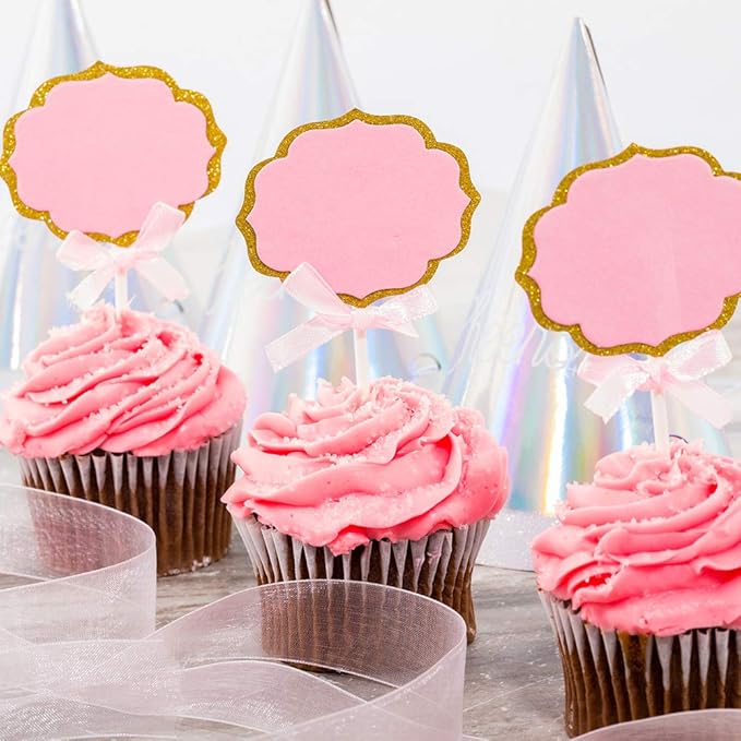 Restaurantware Top Cake 4.5 X 2.5 Inch Cake Toppers 10 DIY Cake Topper Inserts - Durable With Glitter Detail Pink And Gold Paper Cake Decoration Birthday Baby Shower Wedding Supplies