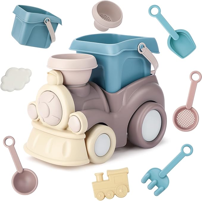 QLT Beach Toys for Toddlers - Kids Sand Toys Include Train Beach Truck, Beach Bucket, Scoop, Trowel, Colander, Rake, Sand Castle Toys - Sandbox Toys with Gift Box