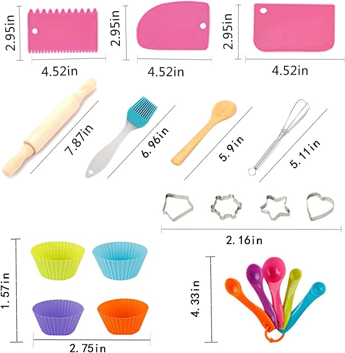 Real Kids Cooking and Baking Set - 24 Pcs Kids Chef Role Play Costume Set Includes Cake Apron, Chef Hat, Cooking Mitt, Utensils, Cupcake Molds for Toddler Boys and Girls Ages 3+