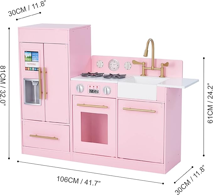 Teamson Kids Little Chef Charlotte 2-Piece Modular Wooden Play Kitchen with Icemaker and Ample Storage, Pink with Gold Hardware