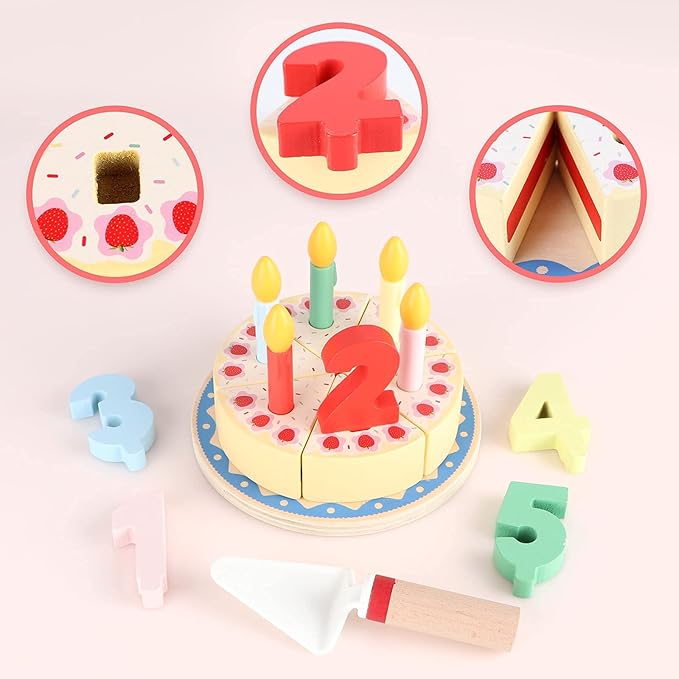 Wooden Cutting Birthday Cake Toys,Birthday Fake Cake Toy with Candles and Numbers, Pretend Play Food Set ,Montessori Tea Party Toys Learning Kitchen Toys for Boys Girls 1-6 Years