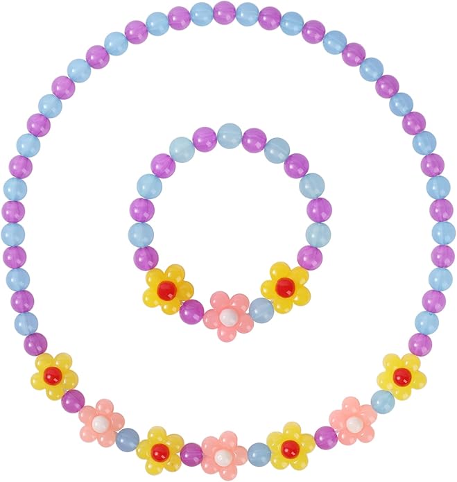 Girls Jewelry Set - Cute Flower Beads Necklace Bracelet-Toddler Girls Flower Jewelry - Stretchy Chunky Costume Jewelry Present Toy-Yellow