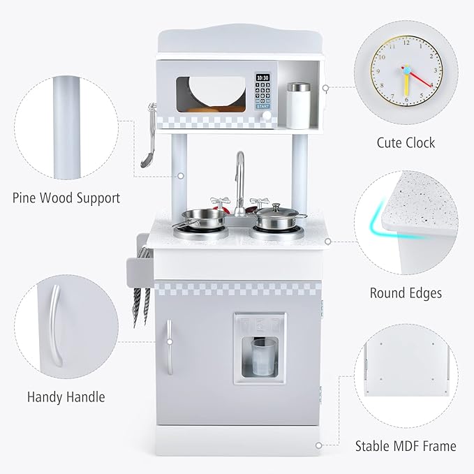 Costzon Kids Kitchen Playset, Double-Sided Wooden Play Kitchen Toy Set w/Realistic Sound, Oven, Ice Cube Dispenser, Utensils, Sink, Large Storage Space, Pretend Chef Cooking Set for Toddlers