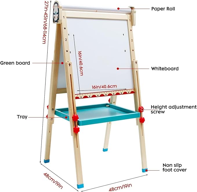 Children's Art Easel with Paper Roll,Double-Sided Whiteboard&Chalkboard,Adjustable Magnetic Standing Easel with Numbers and Other Accessories,Painting Easel for Girls Boys
