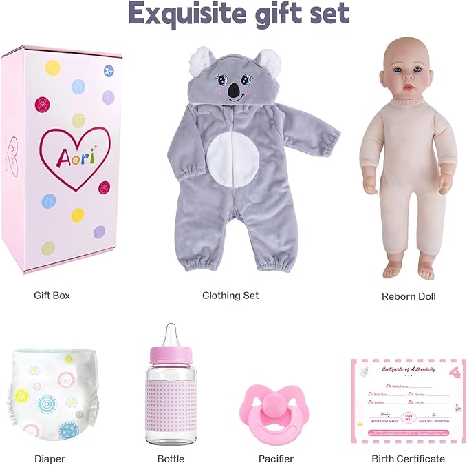 Aori Baby Dolls 17 inches, Real Life Baby Doll with Feeding Kit Included, Life Like Baby Dolls that Look Real, Newborn Baby for Kids, Birthday, Pretend Play