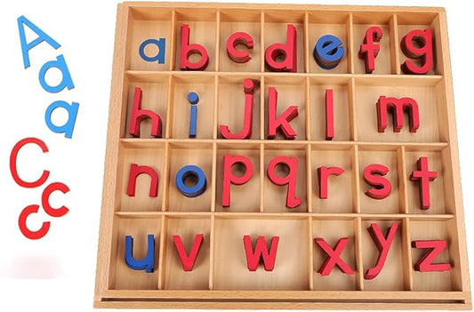 Montessori Letter Work Learning Materials Wooden Small moveable Alphabet Language Objects with Box (Red & Blue)