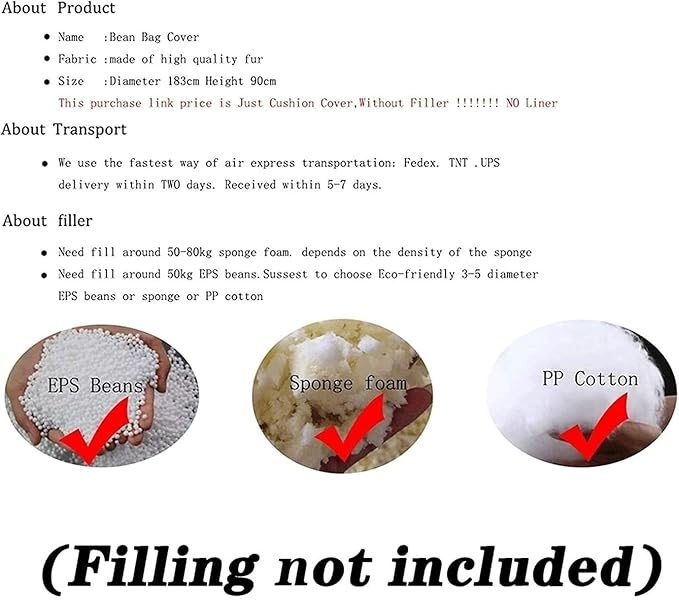 Giant Fur Bean Bag Cover (Cover only, no Filler) Living Room Furniture Big Round Soft and Fluffy Artificial Fur Bean Bag Lazy Sofa Bed Cover (6FT+New Dark Gray)