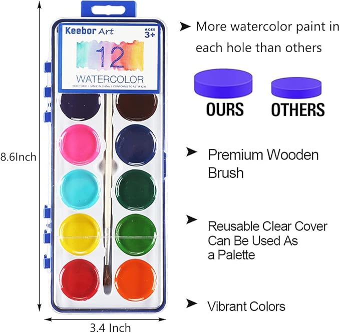 12 Colors Watercolor Paint Set for Kids, 24 Pack Washable Water Colors for Party Favors, Gifts, Classroom Supplies (Wood Brushes Included)