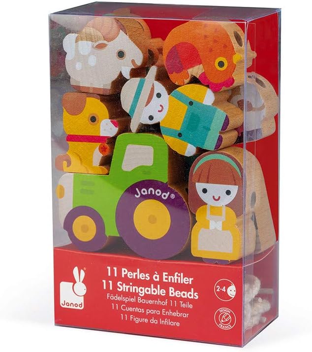 Janod Stringable Farm-Themed Wooden Beads - 11 Pieces - Ages 2+ - J05315