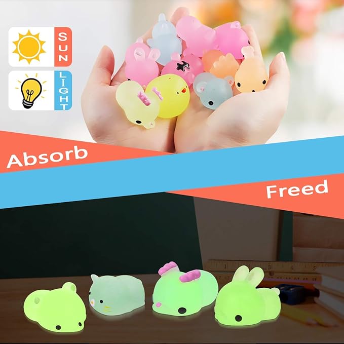 POKONBOY 23 Pack Squishies Mochi Squishy Toys Glow in The Dark Party Favors for Kids - Mini Kawaii Squishies Mochi Animals Stress Relief Squishy Pack Squishy Cat Squishys with Storage Box