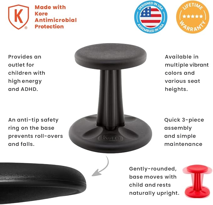 KORE DESIGN Wobble Stool Chair, Girls + Boys Kid Desk Stools, Ergonomic Small Office Chairs, Flexible Seating for Active Kids, ADD/ADHD, Classroom, School, Home, Pre-Teen (18.7in), Age 10-11 yr, Black