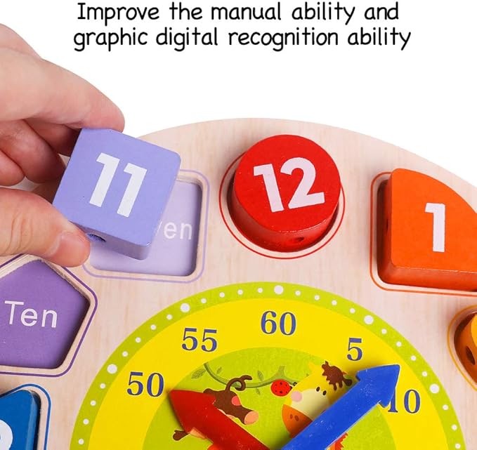 Skrtuan Wooden Shape Color Sorting Clock- Teaching Time Number Blocks Clock Shape Patterns Sorting and Animal Puzzle Montessori Early Learning Educational Toy Gift for 1 2 3 Year Old Toddler Baby Kids