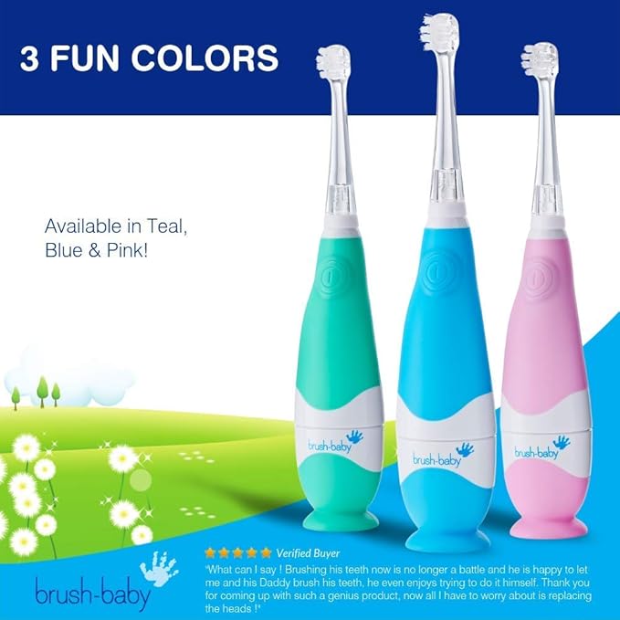 brush-baby BabySonic Infant and Toddler Electric Toothbrush for Ages 0-3 Years - Smart LED Timer and Gentle Vibration Provide a Fun Brushing Experience - Includes 2 Sensitive Brush Heads (Pink)