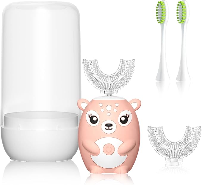 Kids Electric Toothbrushs U Shaped sonic Automatic Toothbrush with 4 Brush Heads, Six Cleaning Modes,Cartoon deer Modeling , full mouth toothbrush for baby