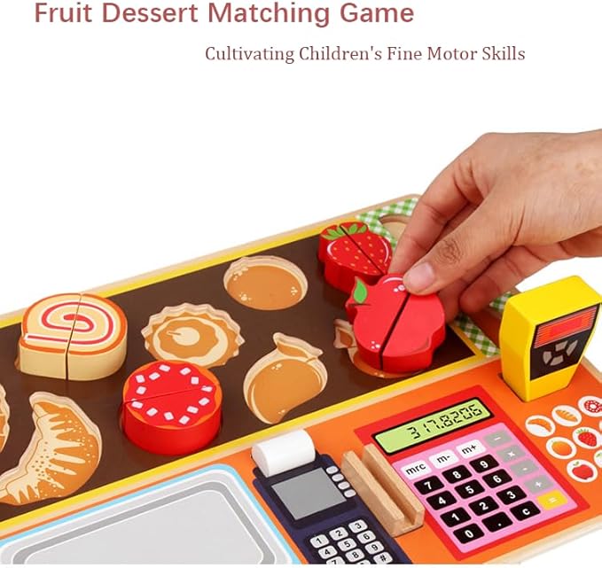 Wooden Play Food Set , Play Kitchen Food with Cutting Food Toys, Pretend Play Toy, for Toddlers Boys and Girls, Aged 3 4 5 6 (Dessert and Fruits Shop)