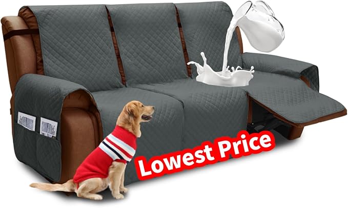 XINEAGE Water Resistant Recliner Cover, 3 seat Recliner Sofa Covers with Pockets, Quilted Thick Recliner Protector Cover for Dog Pets with Non Slip Backing and Strap (Recliner Sofa, Dark Gray)