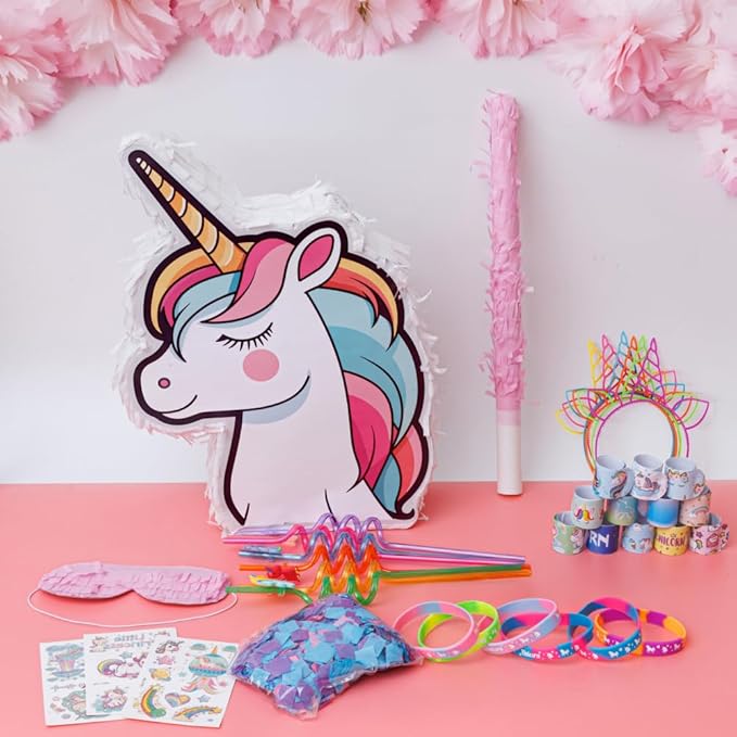Unicorn Pinata Unicorn Party Favors for Girl Birthday Party Unicorn Party Supplies with Unicorn Pinata Headbands Stickers Slap Bracelets Keychains Silicone Bands and Straws (White)