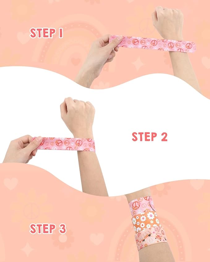 Sinasasspel Groovy Party Favors Set for Kids Adults Hippie Boho Silicone Bracelets Slap Bracelets Assortment Hippie Party Supplies Daisy Birthday Decorations(24 Count)