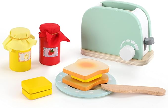 WHOHOLL Wooden Kitchen Toys, Pop-Up Toaster for Kids Play Kitchen, Bread Maker Toy Kitchen Appliances, Play Kitchen Accessories for Toddlers Early Learning, Pretend Play Food Sets for Girls and Boys
