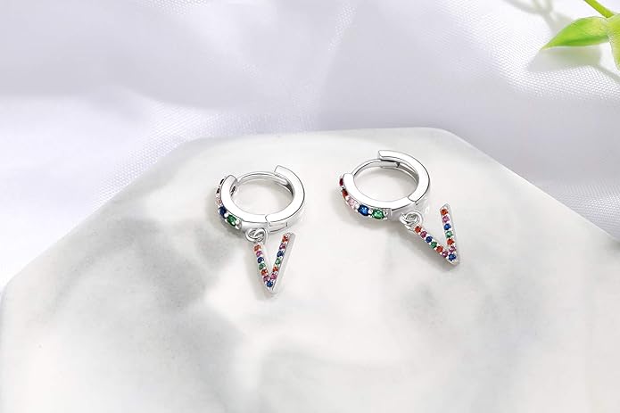 Presentski Initial Earrings 925 Sterling Silver Colorful Huggie Small Hoop Earrings Rainbow CZ Drop Dangle Simple Alphabet Earrings S925 Hypoallergenic Earring Letter A-Z for Daughter Women