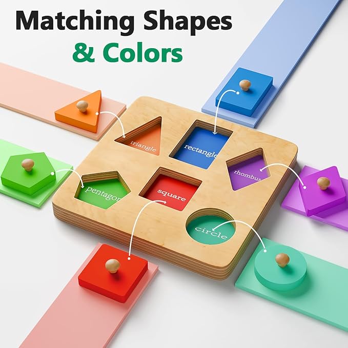 Wooden Shapes Puzzles for Toddlers 1-3, Montessori Toys for 1 2 Year Old Boy Birthday Gifts, Shape Color Match Peg Puzzles, Learning Educational Toys for Toddlers Age 1 2 Year Old Girl