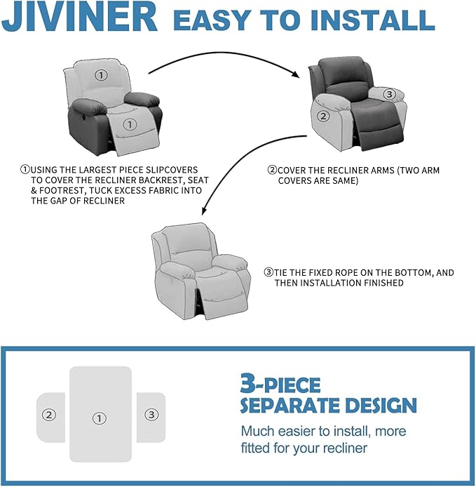 JIVINER 3 Piece Recliner Chair Cover Stretch Lazy Boy Non Slip Covers for Recliner with Pockets Soft Jacquard Reclining Sofa Slipcovers Furniture Protector with Elastic Bottom (1 Seater, Khaki)