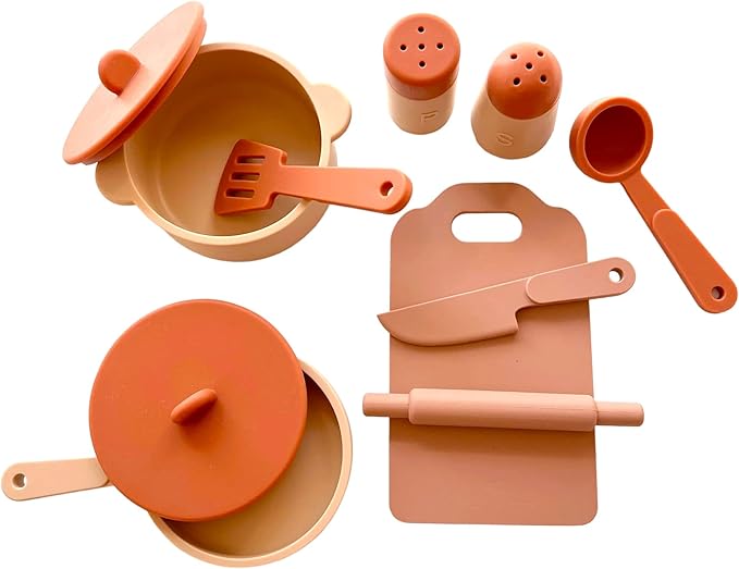 Food-Grade Silicone Kid Play Kitchen Accessories – 9Pcs Kids Toy Kitchen Accessories Set with Play Pots and Pans – Sets for Kids Kitchen Pretend Play – Pretend Play Kitchen Toy Set for Cooking