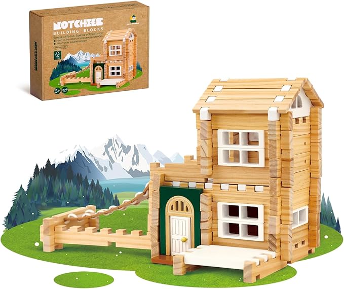 Jovi-mindly Dream House Building Blocks Set Wooden Blocks Toys (107 pcs) with Door and Windows, Educational Classic Wooden Blocks for Toddlers Ages 3+ Boys and Girls Aged,FSC Certified