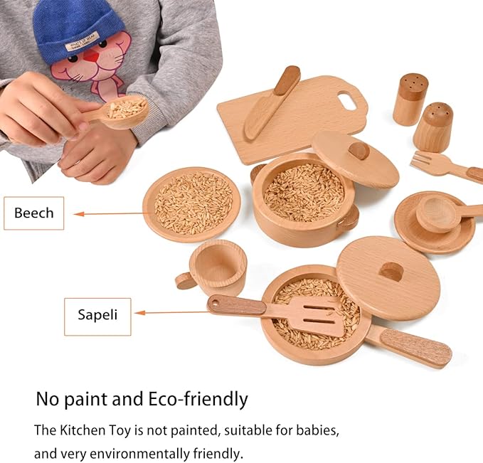 Play Kitchen Accessories Montessori Wooden Toys Kids Kitchen Toy Set Cookware Plates Dishes Pots Pans Cooking Playset 15 Pieces Sensory Toys for Toddlers Girls Boys with Storage Bag