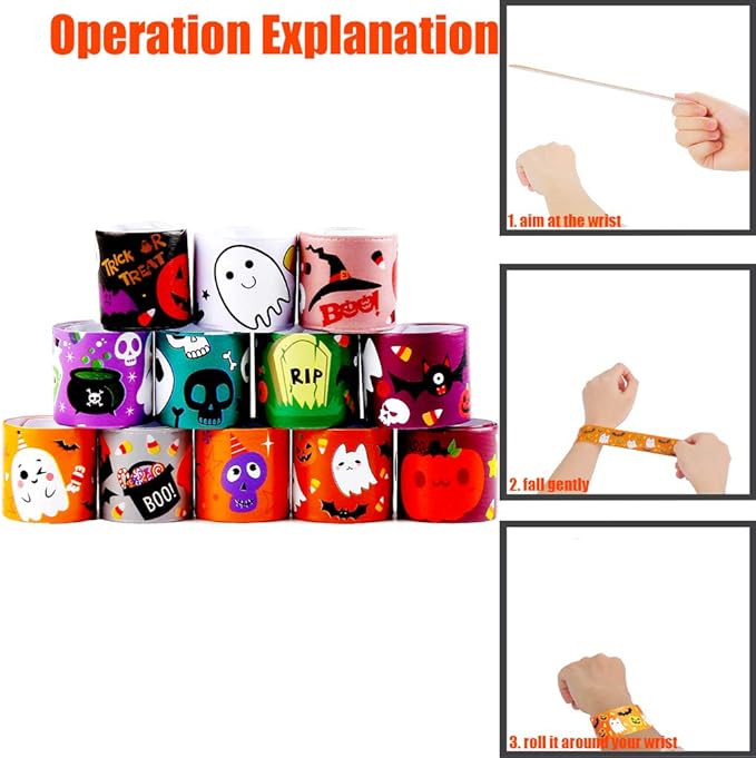 VEYLIN 48 Pieces Halloween Slap Bracelets for Kids, 12 Styles Snap Bracelets Bulk Halloween Giveways for Kids Slap Bracelets Party Favors