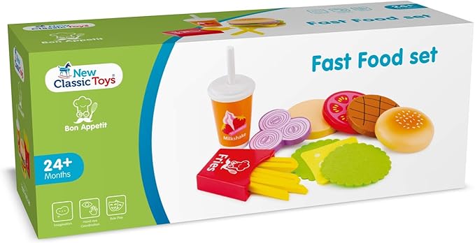 New Classic Toys Wooden Pretend Play Toy for Kids Fast Food Set Cooking Simulation Educational Toys and Color Perception Toy for Preschool Age Toddlers Boys Girls,Multi-Colour Colour