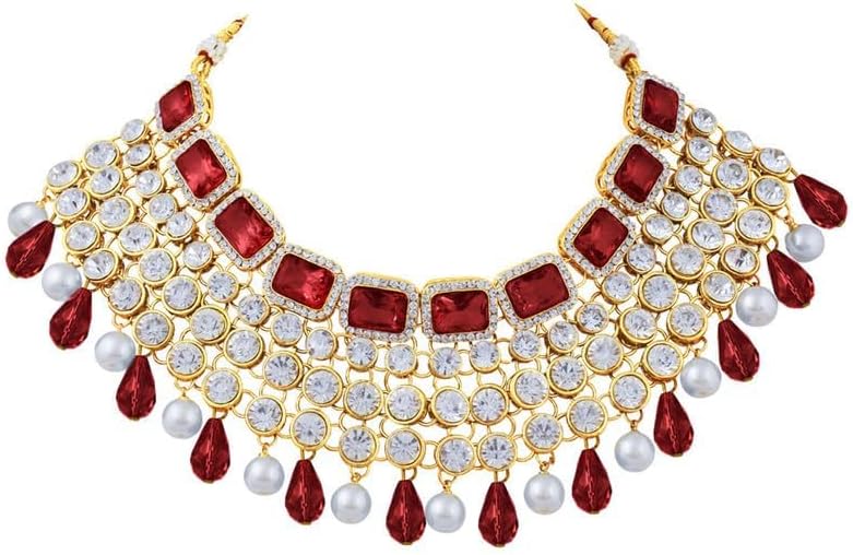 Aheli Kundan and Simulated Colored Stones Indian Ethnic Maang Tikka Necklace and Earrings Set Bollywood Festive Statement Jewelry Gift for Women