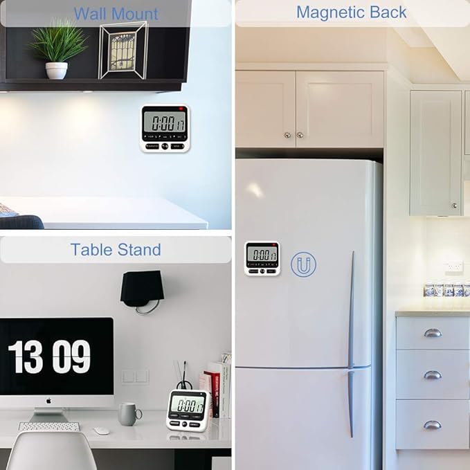 Digital Kitchen Timer with Mute/Loud Alarm Switch ON/Off Switch, 12 Hour Clock & Alarm, Strong Magnet and Simple Operation, Count Up & Count Down for Kids Teachers Cooking, Large LCD Display (Black)