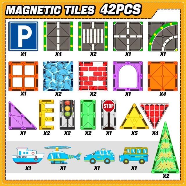 Magnetic Tiles Road Set with Car Magnet Building Tile Toys for Kids Ages 3-5 4-8 5-7 Magnetic Blocks Expansion Pack STEM Construction Toys for 3 Year Old Boy Girl Toddler Christmas Birthday Gift 42pcs